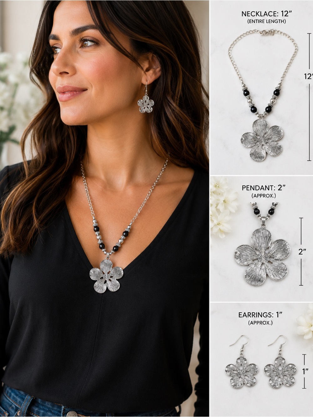 NWOT Black & White Flower Statement Necklace/Earring Set - Picture 5 of 5